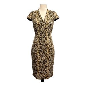 J Crew Dress Brown Leopard Print Shift Size 2 Midi Short Sleeve Office Career
